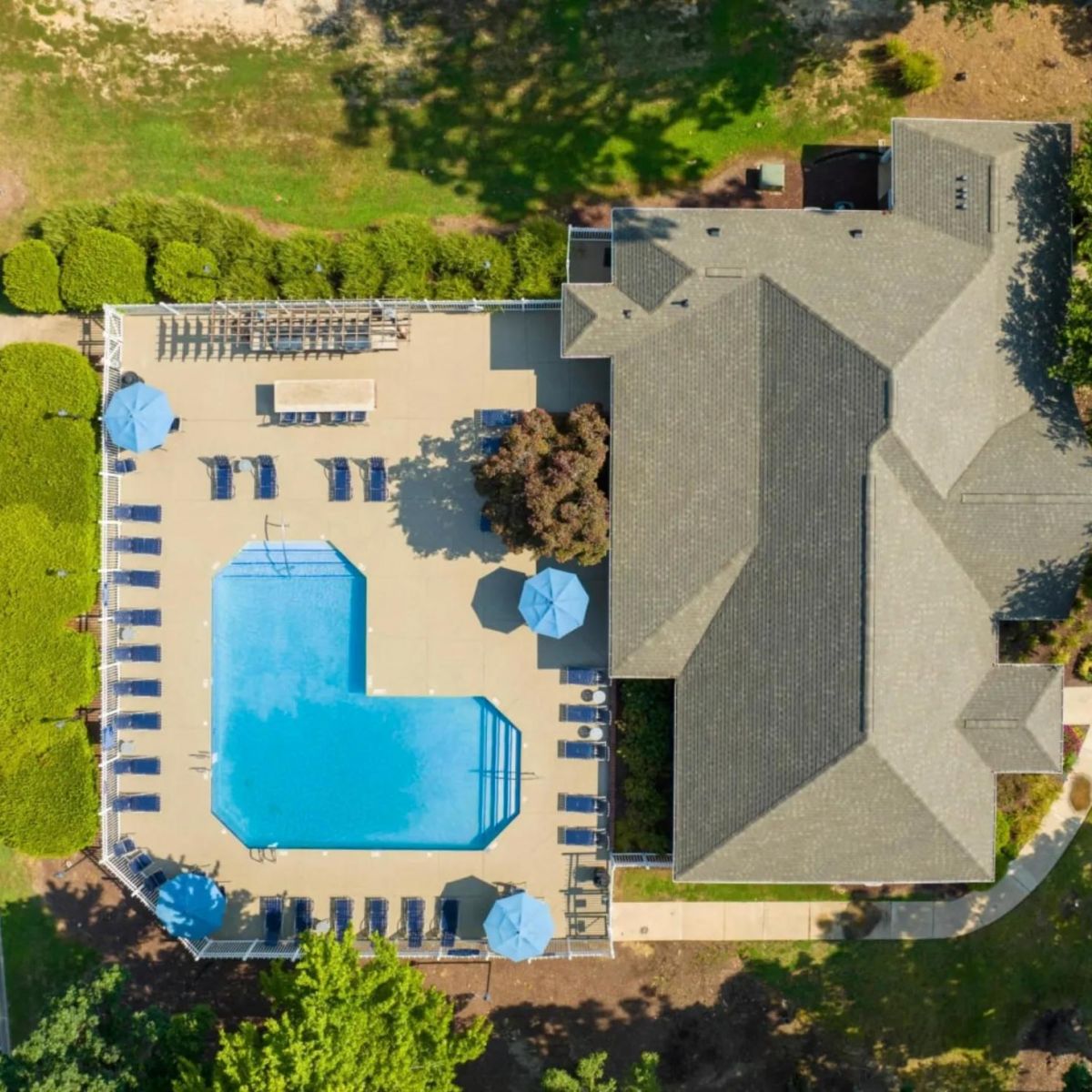 Aerial view of a rectangular outdoor pool with lounge chairs, umbrellas, and adjacent building.